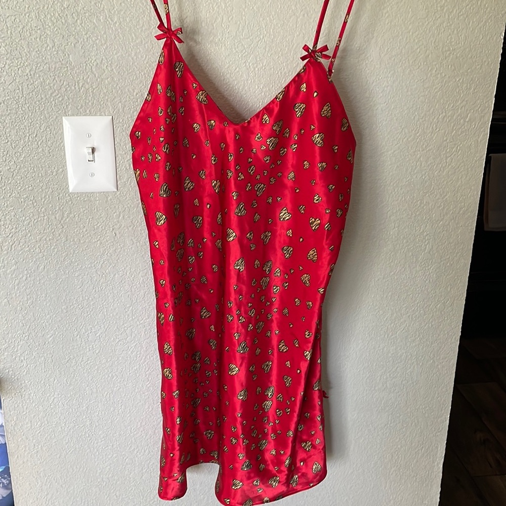 Very cute red silky lingerie with hearts.